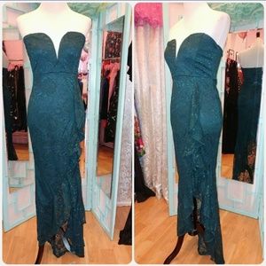 NWT High-Low Teal Lace Strapless Plunge Maxi - S